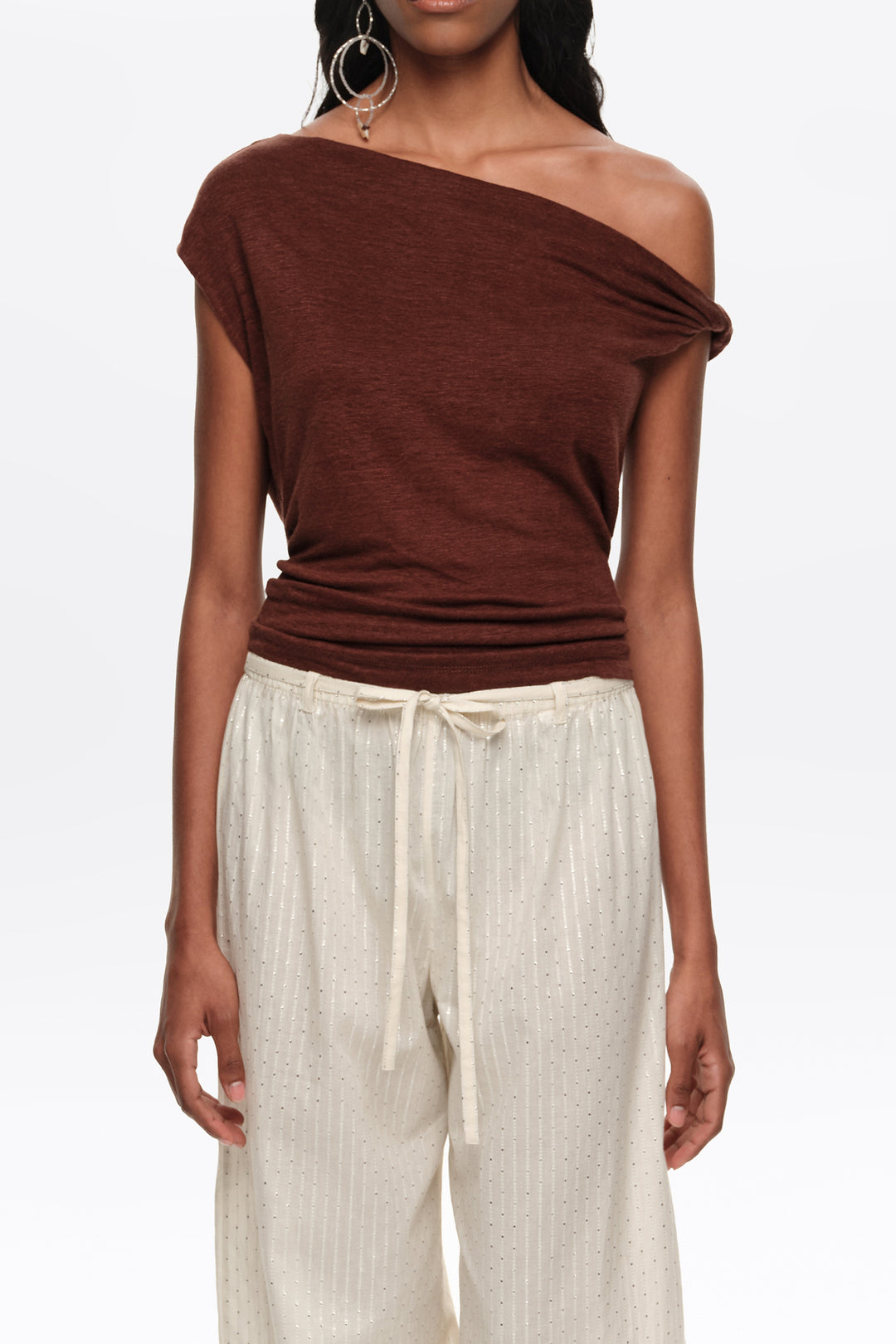 Brown linen knot-neckline top