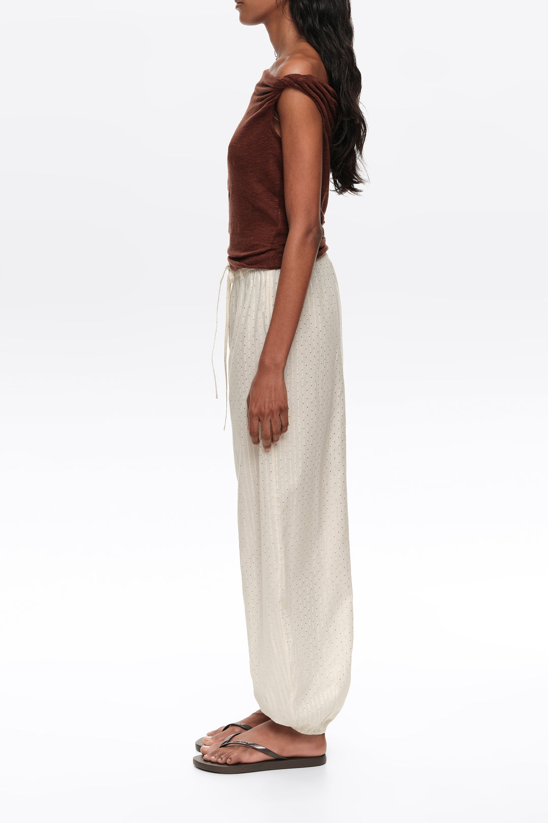 Brown linen knot-neckline top