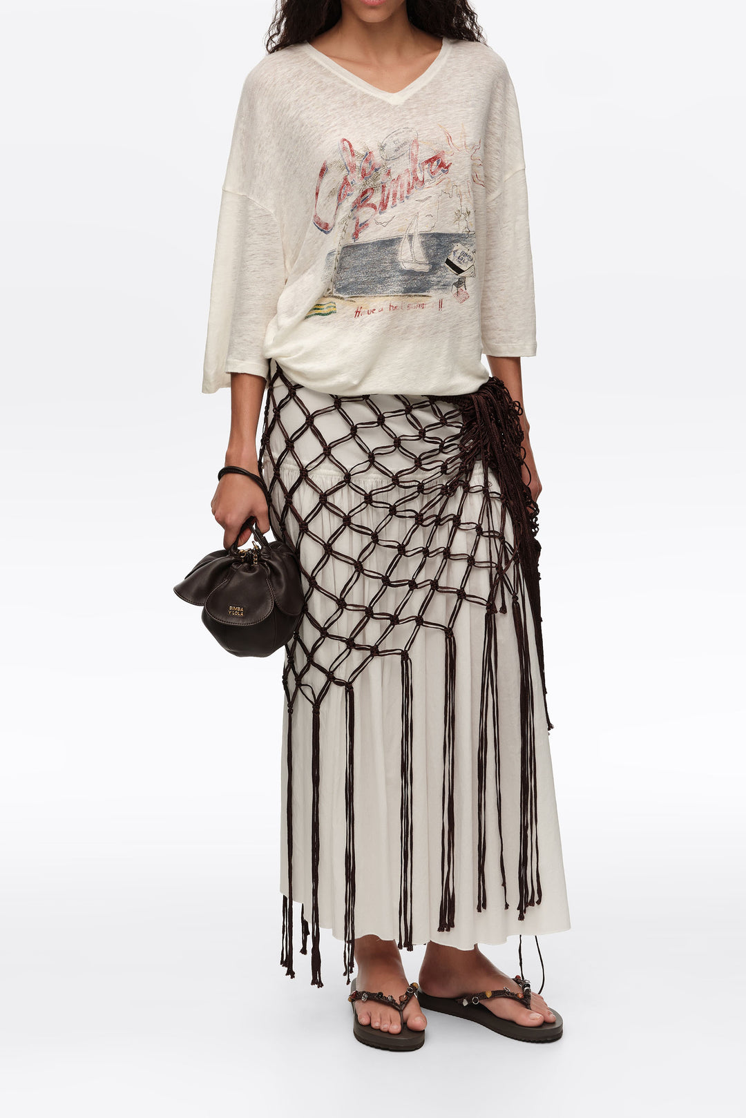 Faded ivory linen Bimba Cala logo T-shirt