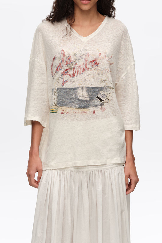 Faded ivory linen Bimba Cala logo T-shirt