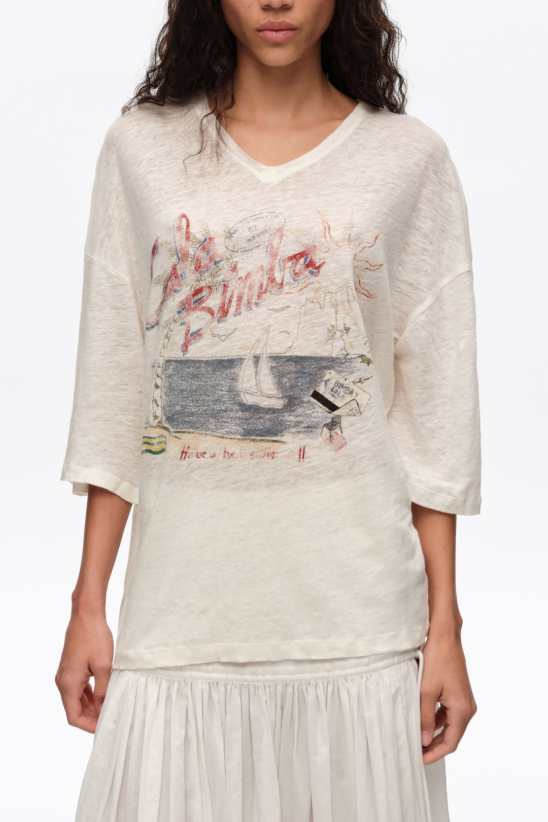 Faded ivory linen Bimba Cala logo T-shirt