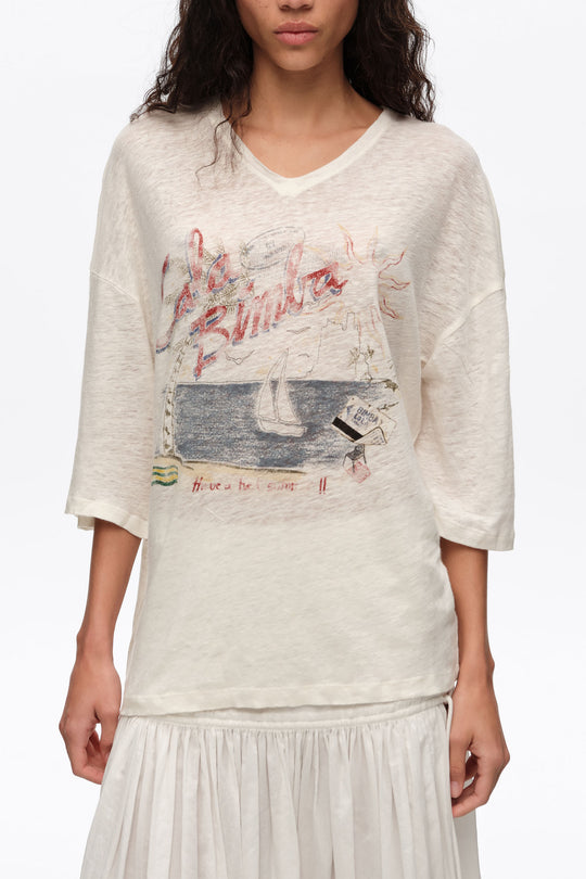 Faded ivory linen Bimba Cala logo T-shirt