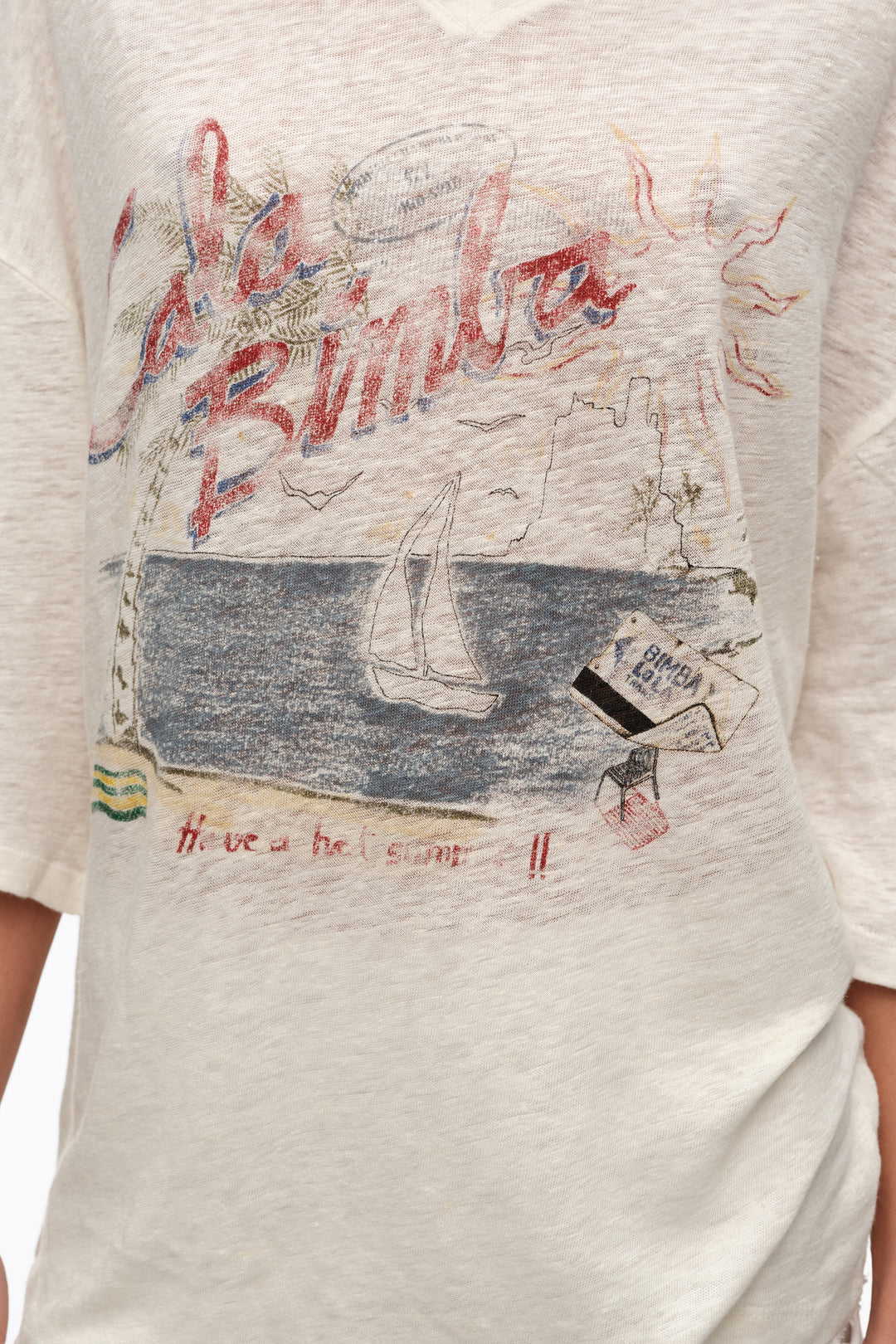 Faded ivory linen Bimba Cala logo T-shirt