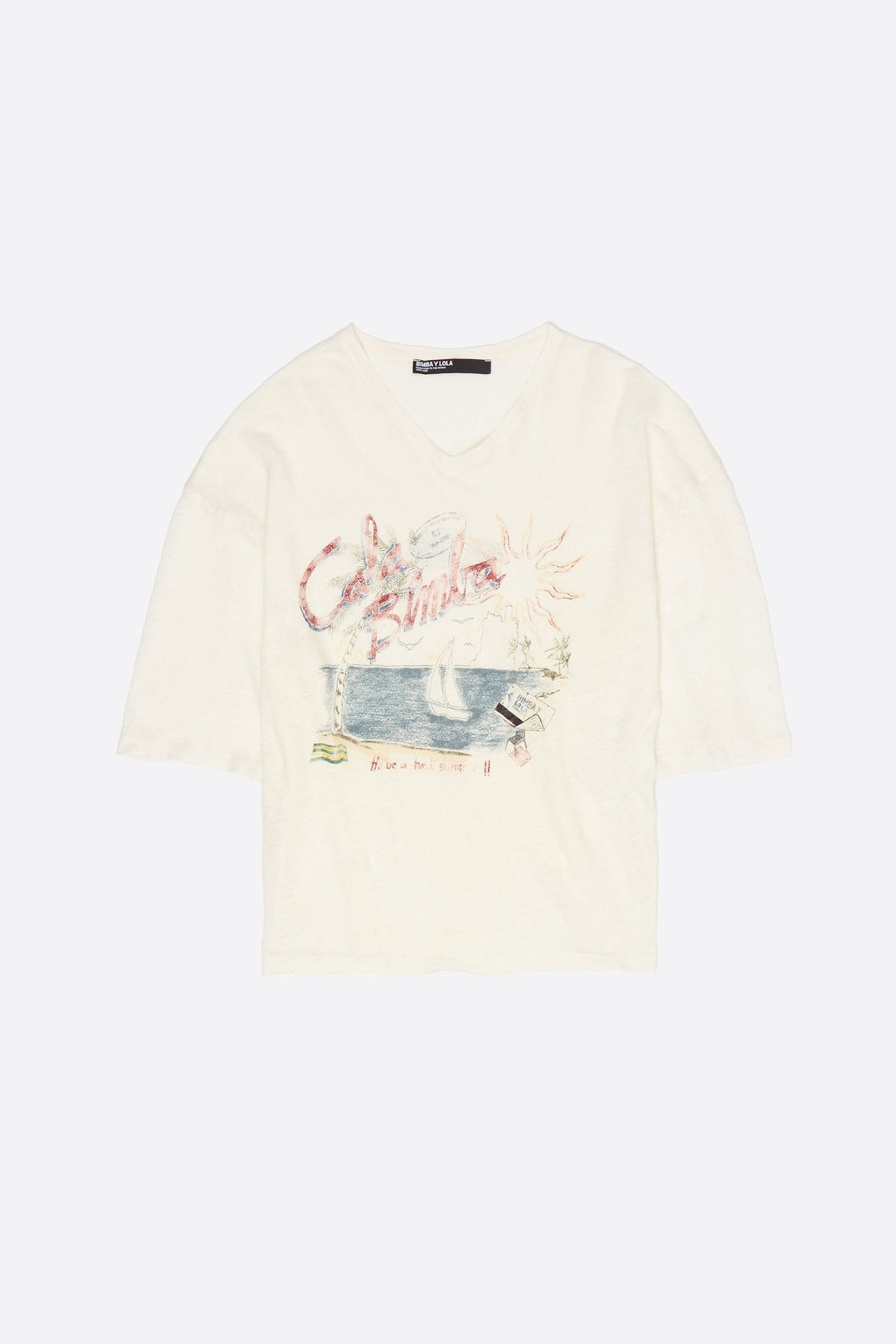 Faded ivory linen Bimba Cala logo T-shirt