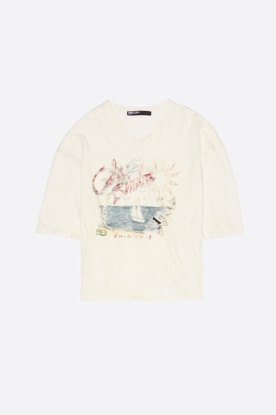 Faded ivory linen Bimba Cala logo T-shirt