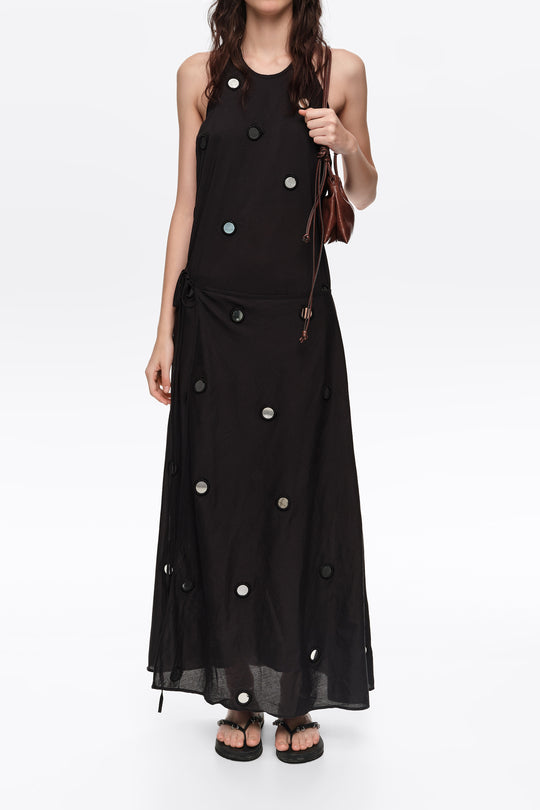 Black mirrored halter-neck sarong dress