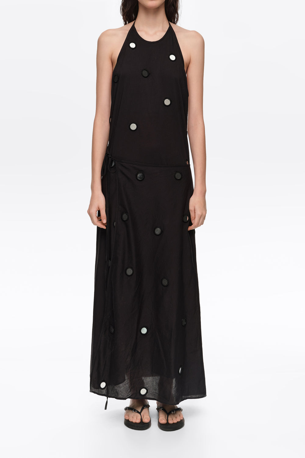 Black mirrored halter-neck sarong dress