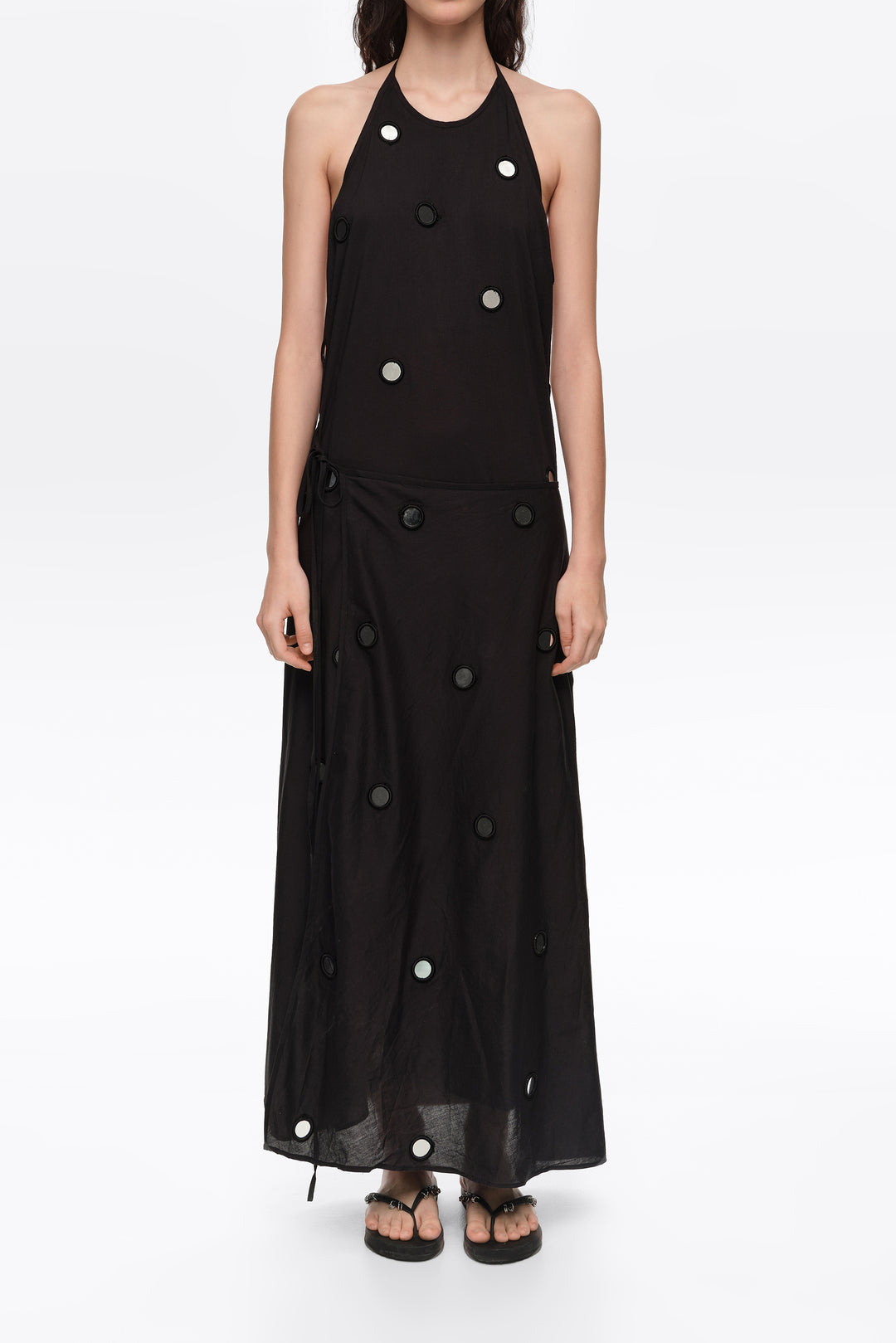 Black mirrored halter-neck sarong dress