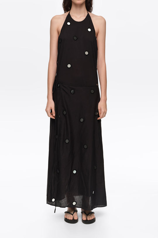 Black mirrored halter-neck sarong dress
