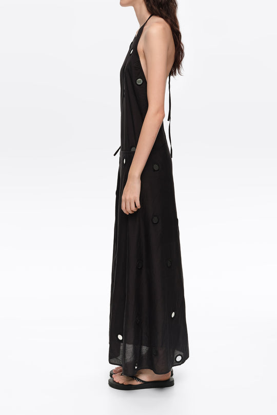 Black mirrored halter-neck sarong dress