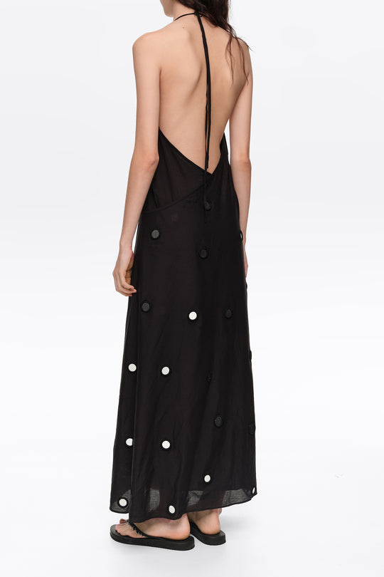Black mirrored halter-neck sarong dress