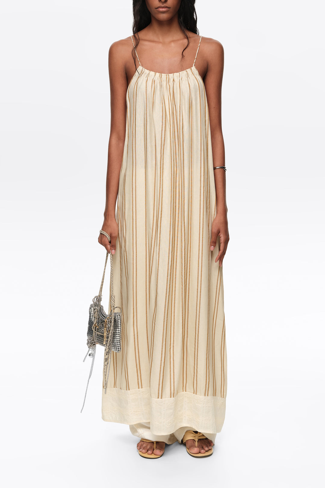 Sand striped linen dress with thin straps