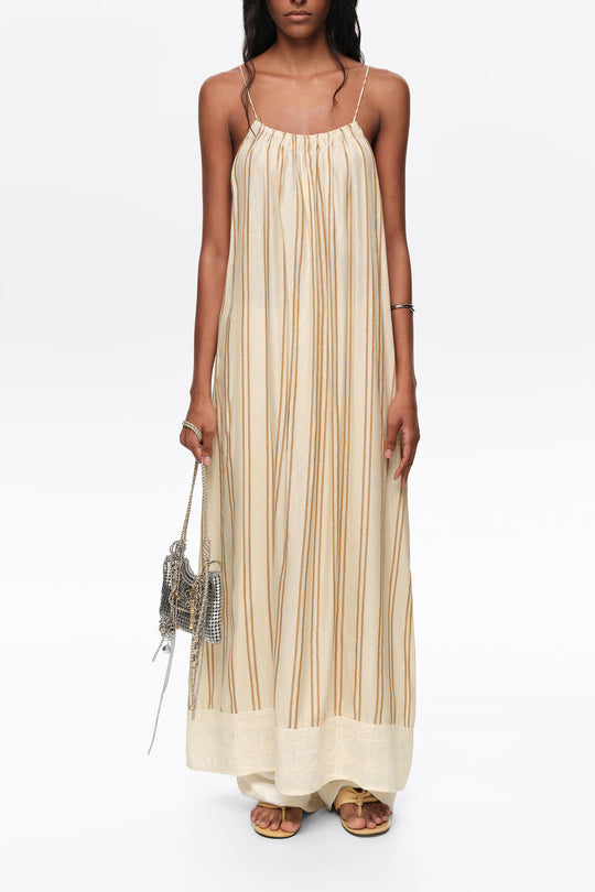 Sand striped linen dress with thin straps