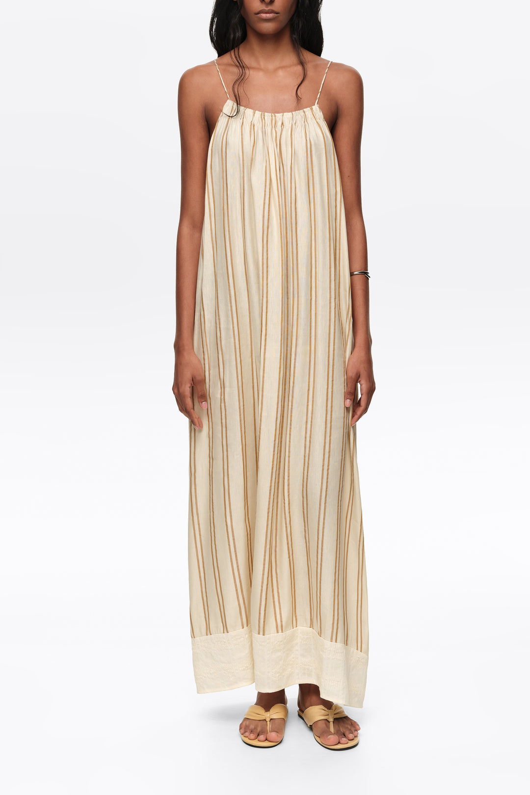 Sand striped linen dress with thin straps