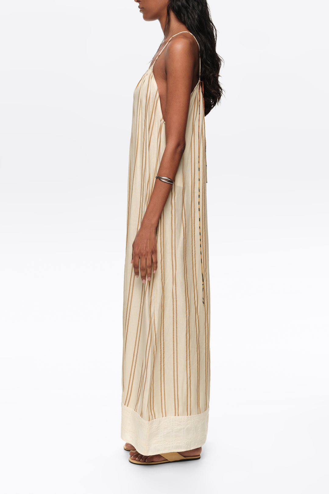 Sand striped linen dress with thin straps