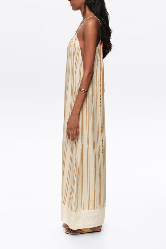 Sand striped linen dress with thin straps