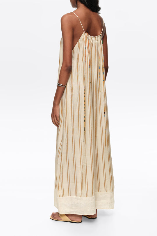 Sand striped linen dress with thin straps