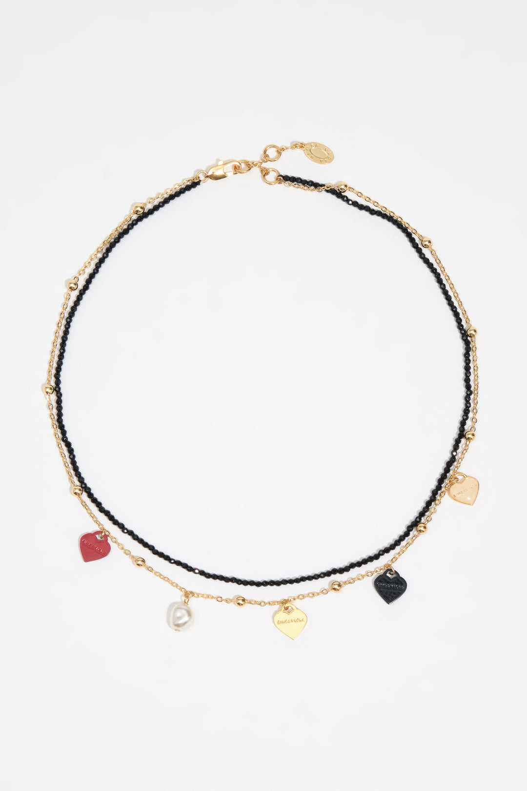 Double-layer chain necklace with black crystals and hearts logo