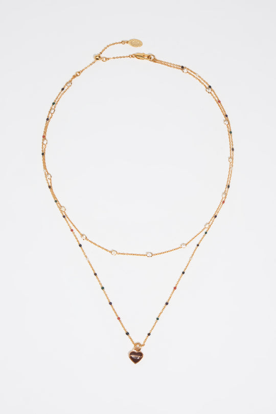 Brown heart logo double-layer chain necklace