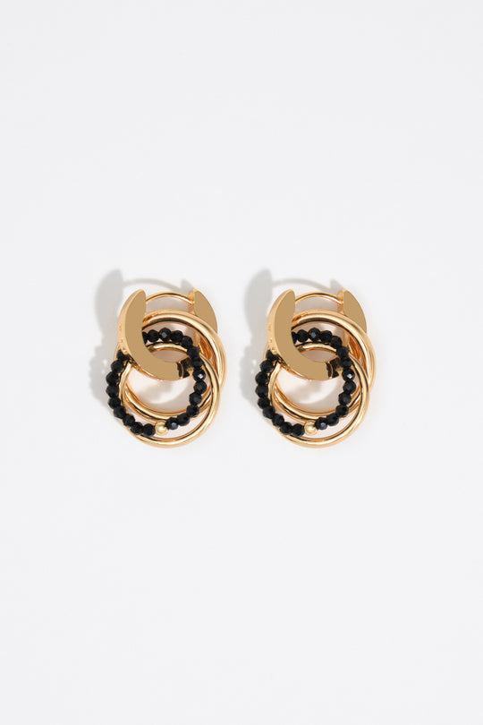 Medium gold multi-hoop earrings with black crystals