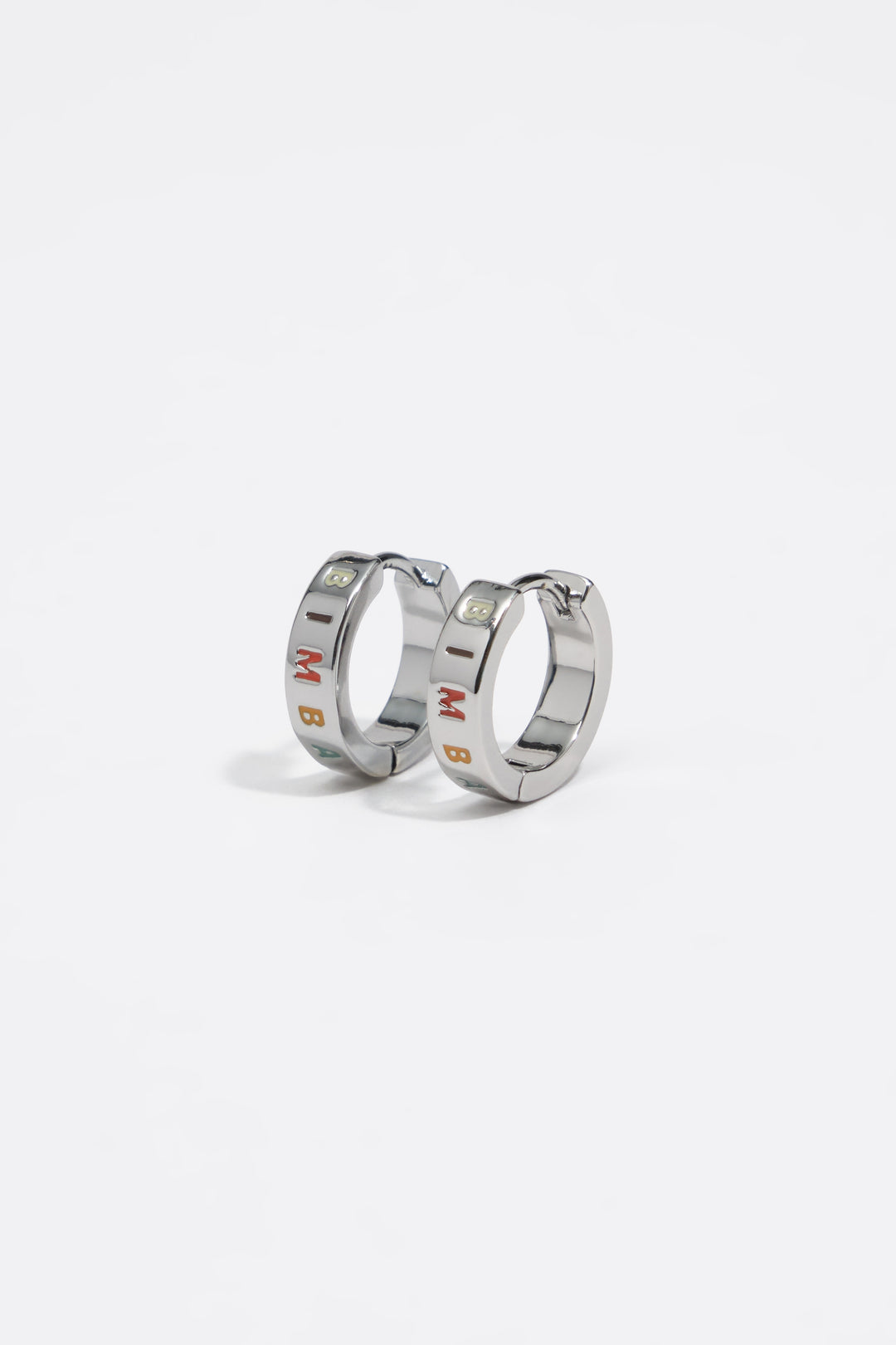 Small silver and multicolored logo hoop earrings