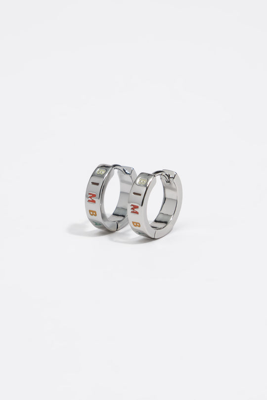 Small silver and multicolored logo hoop earrings