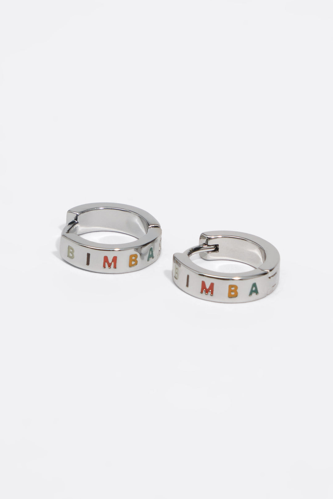 Small silver and multicolored logo hoop earrings