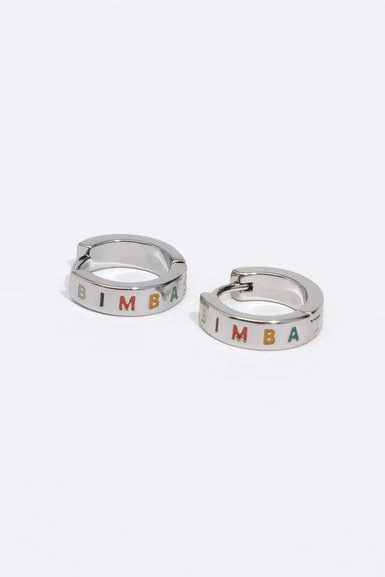 Small silver and multicolored logo hoop earrings