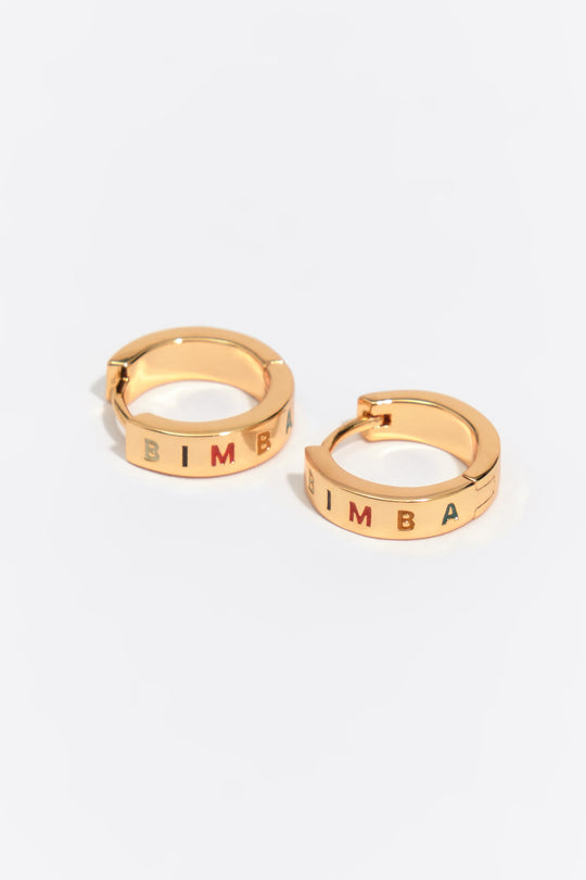 Small gold and multicolored logo hoop earrings
