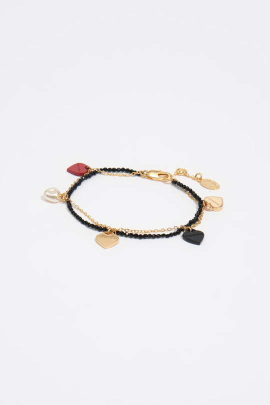 Double chain bracelet with black crystals and hearts logo