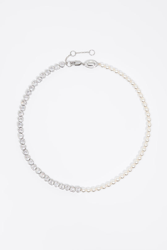 Pearls and crystals silver heart necklace