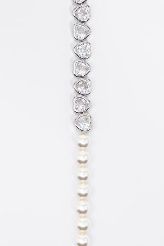 Pearls and crystals silver heart necklace