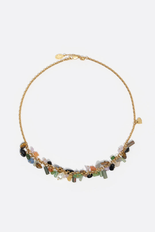 Multi-stone necklace with aged gold chain