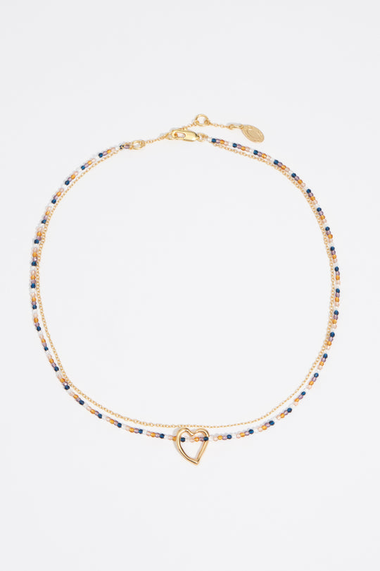Double chain necklace with textured heart and brown crystals