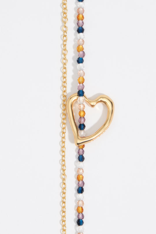 Double chain necklace with textured heart and brown crystals