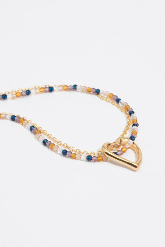 Double chain necklace with textured heart and brown crystals