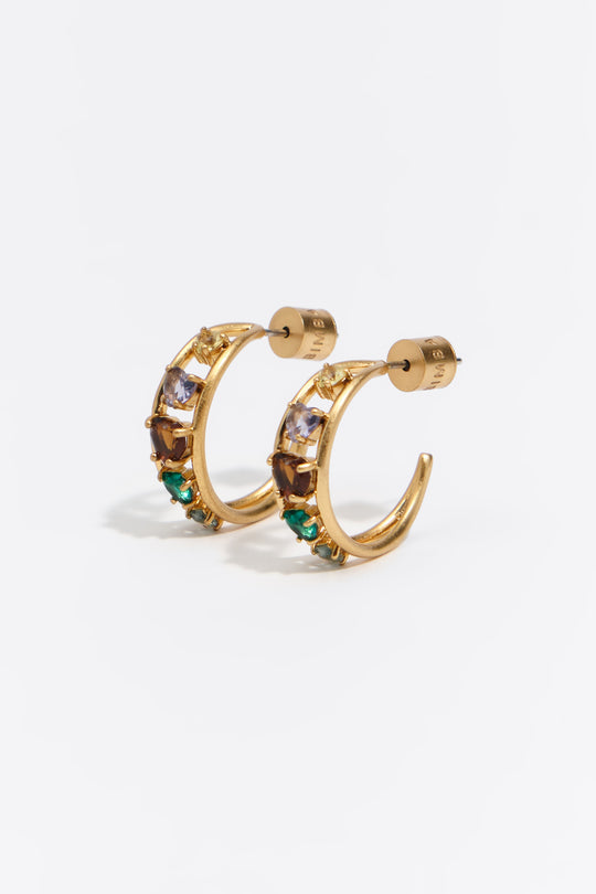 Medium aged gold heart hoop earrings with crystals