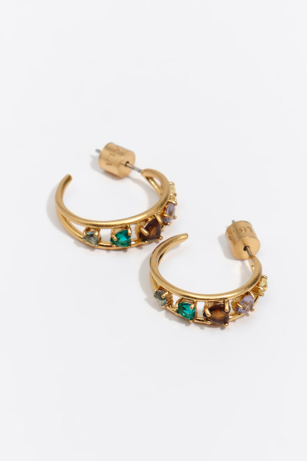 Medium aged gold heart hoop earrings with crystals