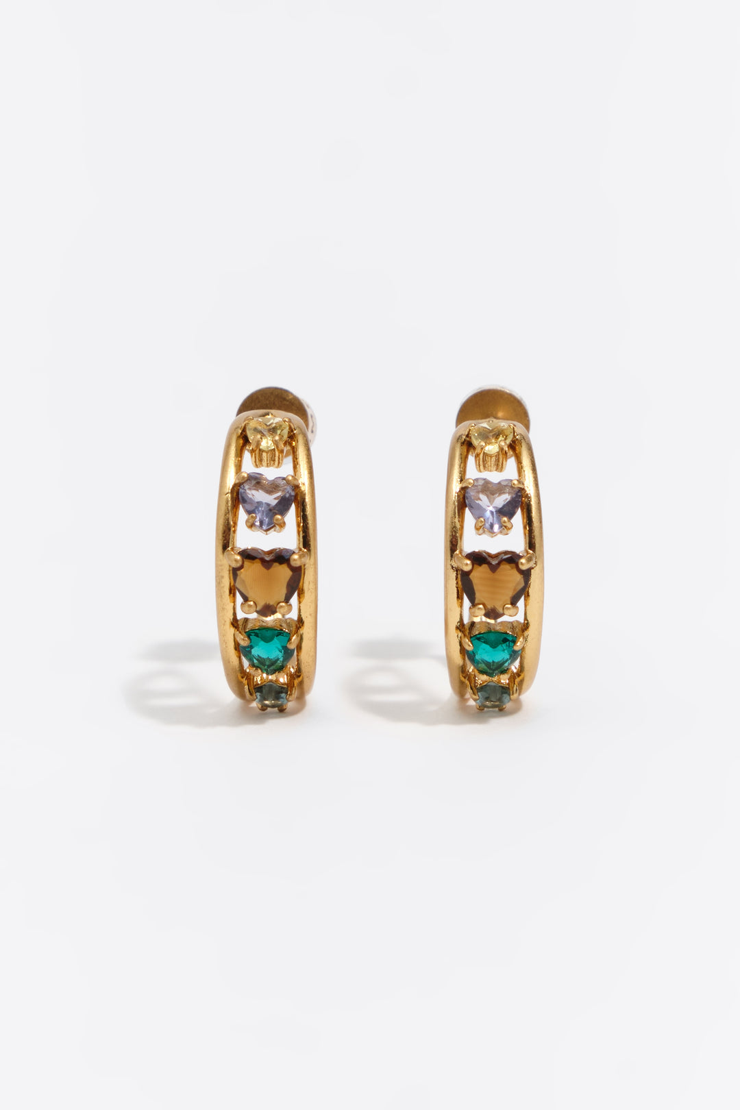 Medium aged gold heart hoop earrings with crystals