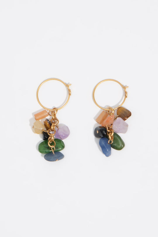 Multi-stone aged gold hoop earrings
