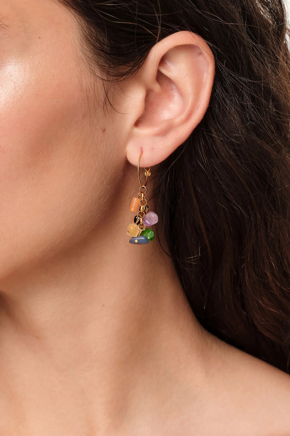 Multi-stone aged gold hoop earrings