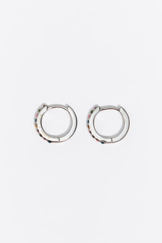 Small silver hoop earrings with multicolor crystals