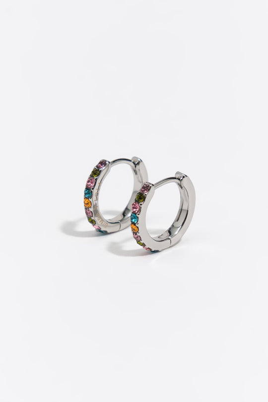 Small silver hoop earrings with multicolor crystals
