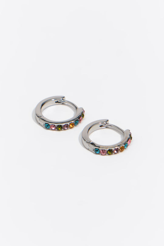 Small silver hoop earrings with multicolor crystals
