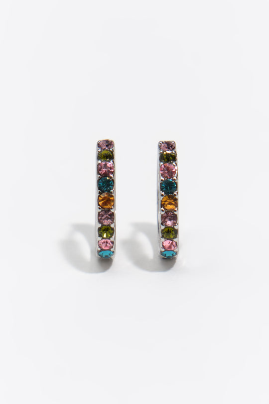 Small silver hoop earrings with multicolor crystals