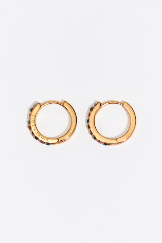 Small gold hoop earrings with multicolor crystals