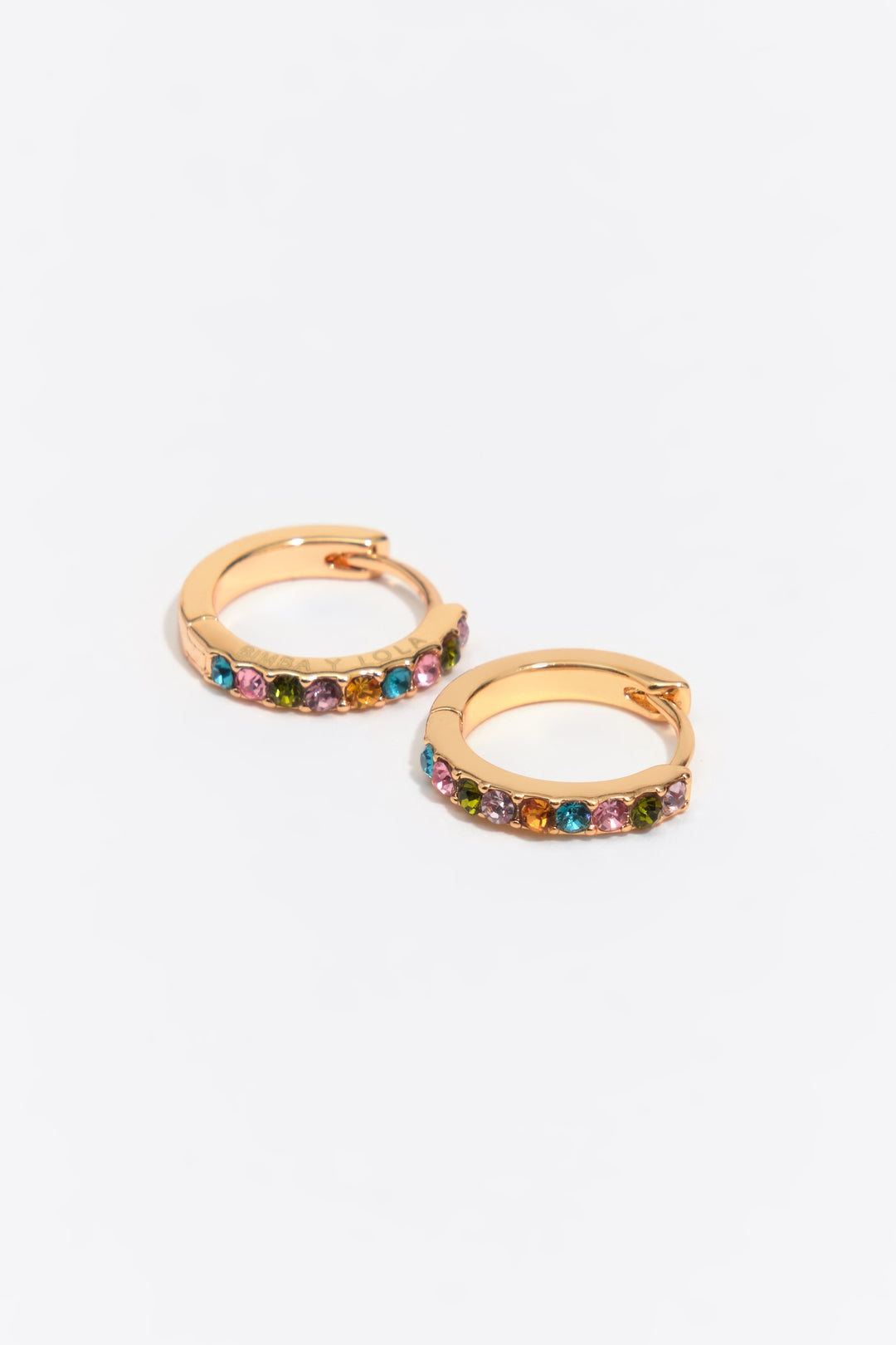 Small gold hoop earrings with multicolor crystals