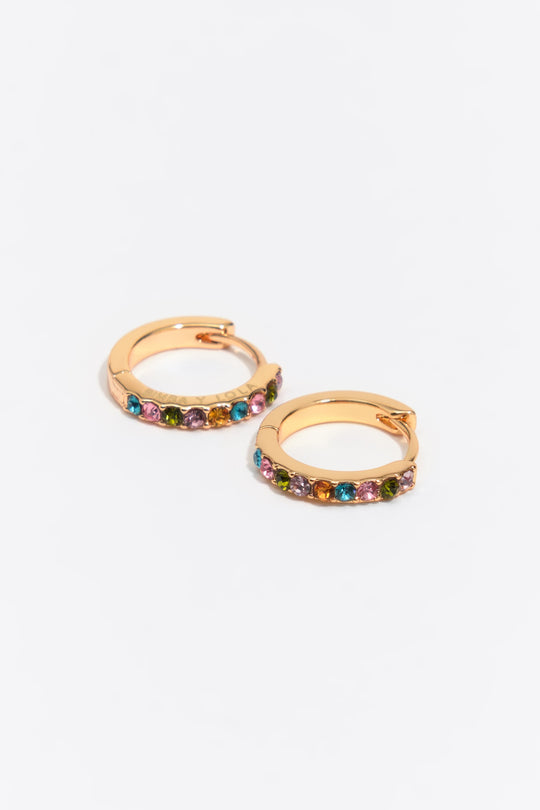 Small gold hoop earrings with multicolor crystals