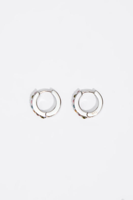 Silver mini hoop earrings with multicolor crystals