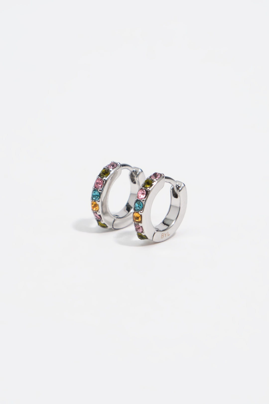 Silver mini hoop earrings with multicolor crystals